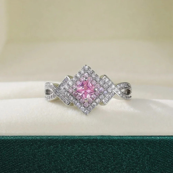 🔥Beautiful Silver Pure Pink Double Layer Weave Princess Cut CZ Ring, K832 - Picture 9 of 9